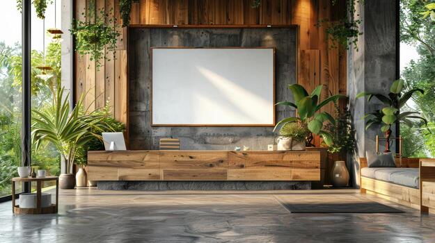 Modern rustic living room with plants and large window view photo