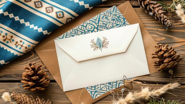 Rustic Envelope with Decorative Design on Tabletop Surrounded by Nature photo