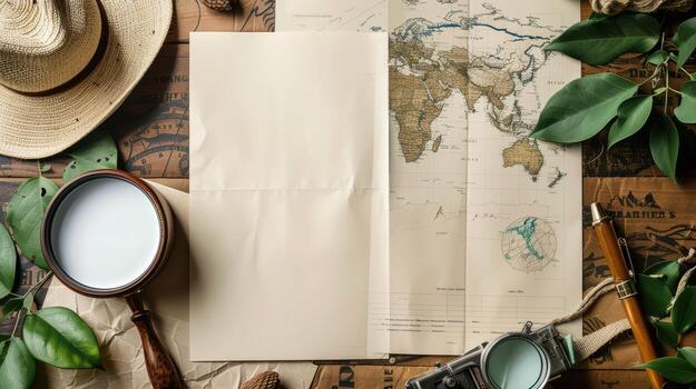 Vintage Travel Theme with Map, Compass, and Nature Elements photo