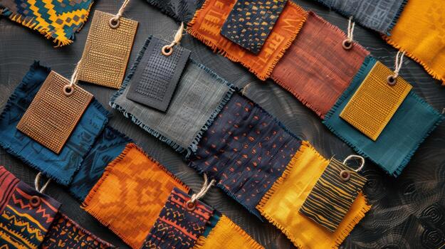 Colorful Textile Samples with Unique Patterns and Textures Displayed photo