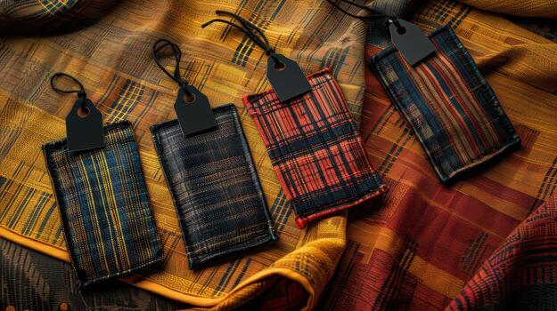 Colorful Textile Pouches Displayed on Vibrant Textured Fabric Background photo