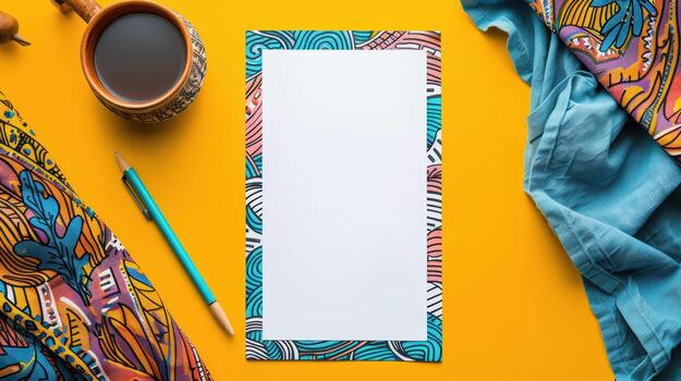 Stylish flat lay with colorful fabric, coffee cup, and blank paper photo
