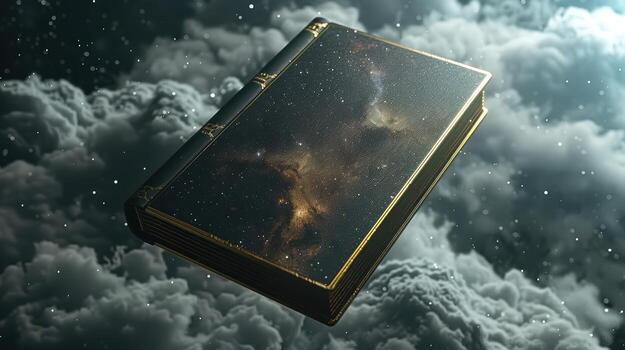 Cosmic Book Floating in Starry Sky Above Mystical Cloudscape photo