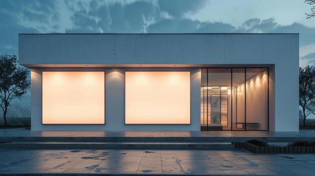 Modern Minimalist Building with Empty Display Windows at Dusk photo