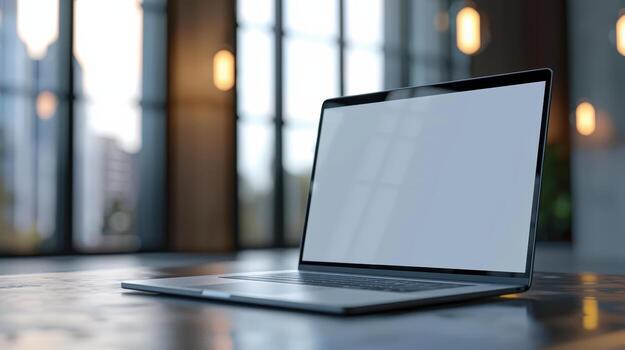 Modern Laptop on Table with Blank Screen in Contemporary Workspace photo