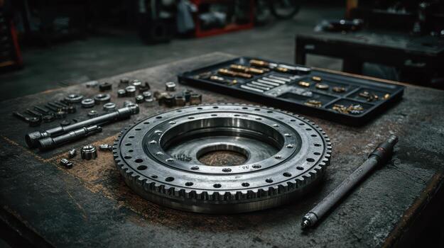 Industrial Mechanical Components on Workbench for Engineering Projects photo