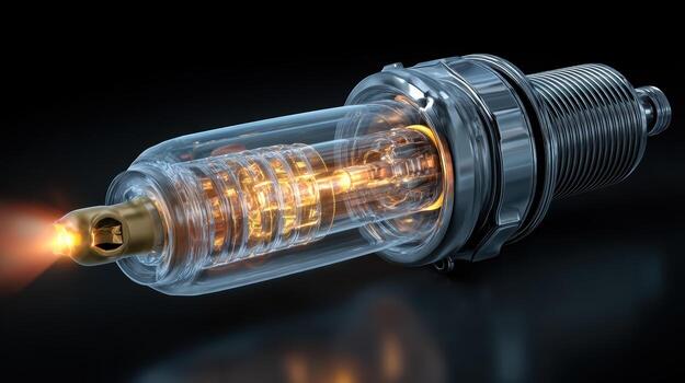 Detailed Close-up of a Spark Plug with Internal Components and Spark photo