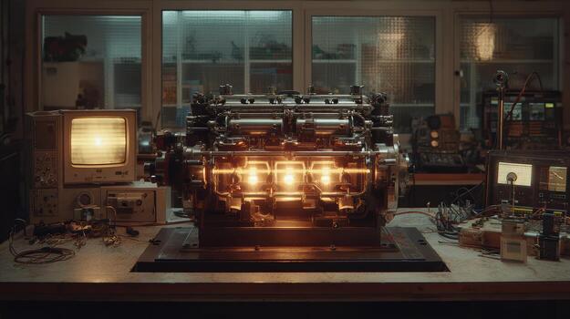 Intricate Industrial Machine with Glowing Components in Workshop Setting photo
