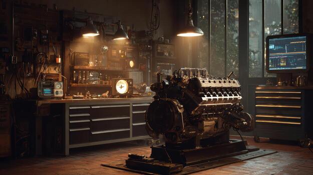 Vintage Engine Workshop with Tools and Machinery in Low Light photo