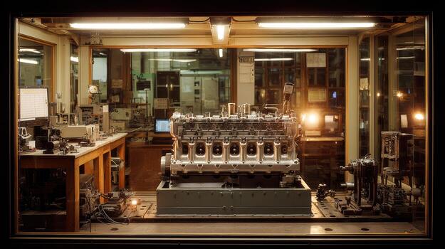 Industrial Engine Assembly Line in Modern Workshop Environment photo