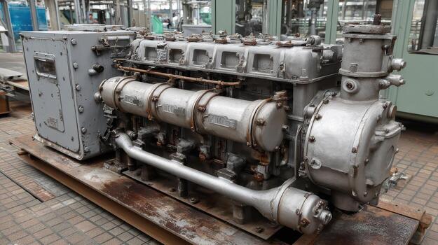 Vintage Industrial Engine with Metallic Components in Factory Setting photo