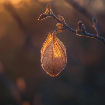 A leaf is hanging from a branch at sunset photo