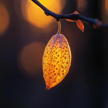 A leaf hanging from a branch at sunset photo