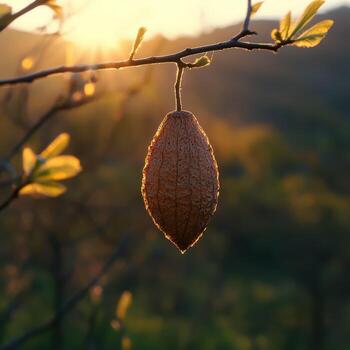 A tree branch with a seed hanging from it photo