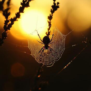 Spider on Web with Sunset Background Creating Breathtaking Scene photo
