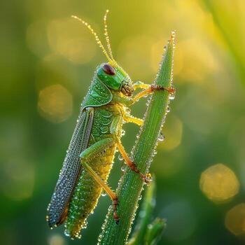 A grasshopper is sitting on a blade of grass photo
