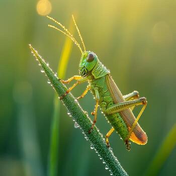 A grasshopper is perched on a blade of grass photo