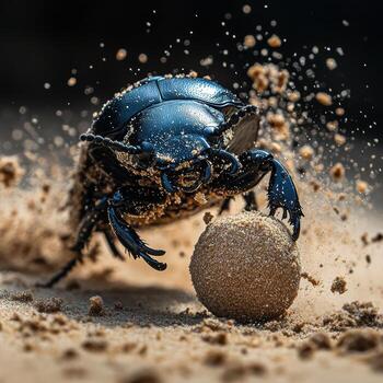 A beetle is running on the sand with a ball photo