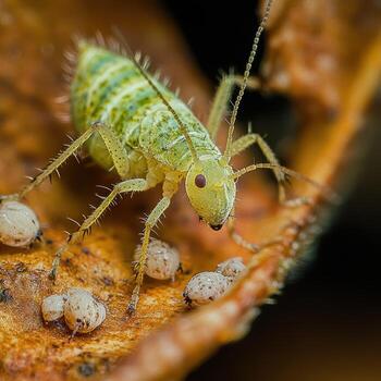 A green bug with white eggs on its back photo