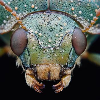A close up of a bug's face with a green and brown head photo