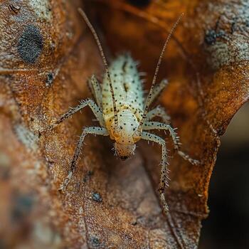 A white bug with long legs sitting on a leaf photo