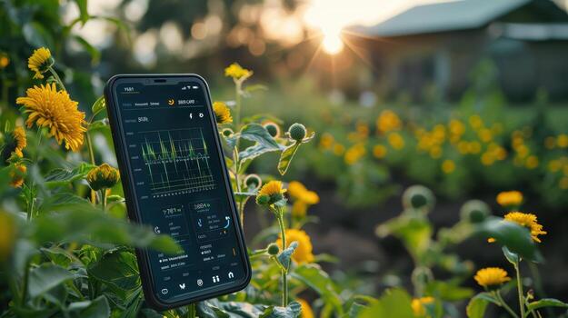 Smartphone Displaying Data in a Vibrant Flower Garden at Sunset photo