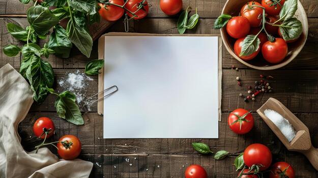Fresh Ingredients for Cooking with Tomatoes and Basil on Wooden Table photo