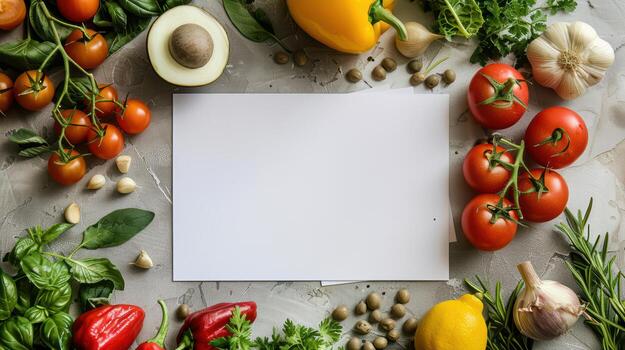 Fresh Vegetables and Herbs with Blank Space for Recipe Design photo