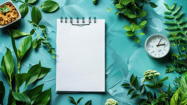 Blank Notepad Surrounded by Greenery and Natural Elements photo