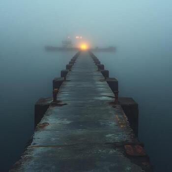 Foggy Pier at Dusk with Soft Glow Creating a Mysterious Atmosphere photo