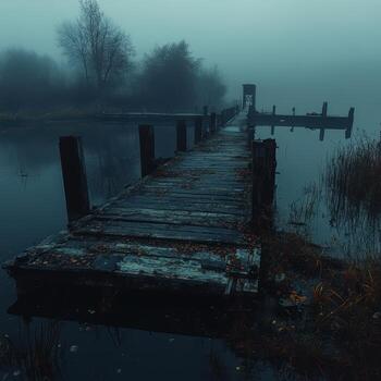 pacífico brumoso ruta en abandonado muelle por sereno agua cuerpo foto