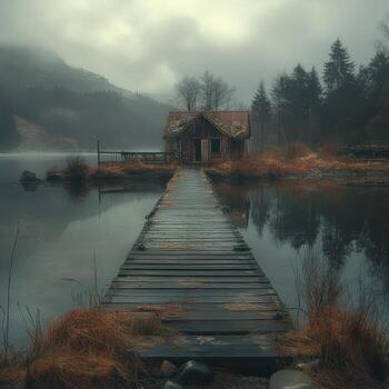 Tranquil Lakeside Cabin Surrounded by Fog and Mountains at Dusk photo