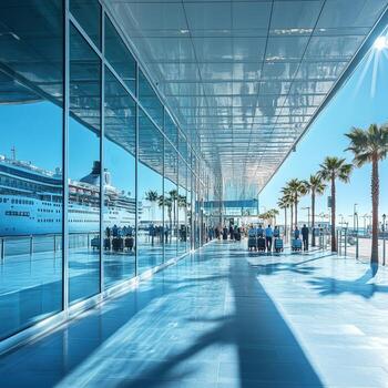 Modern Cruise Terminal Reflection with People and Palm Trees photo