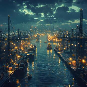Night Scene of a Busy Port with Ships and City Lights Reflections photo