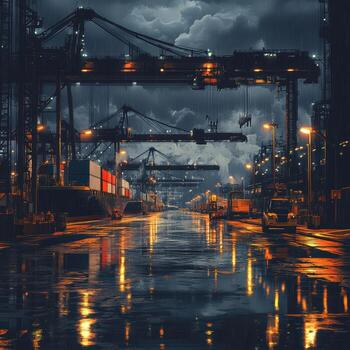 Dark and Moody Port Scene with Containers and Cranes at Night photo