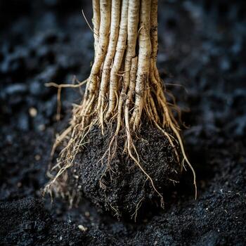 A close up of a root with its roots in the ground photo