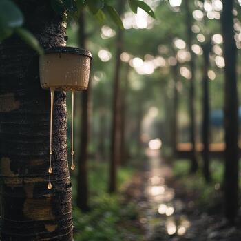 A rubber tree with a rubber bucket hanging from it photo