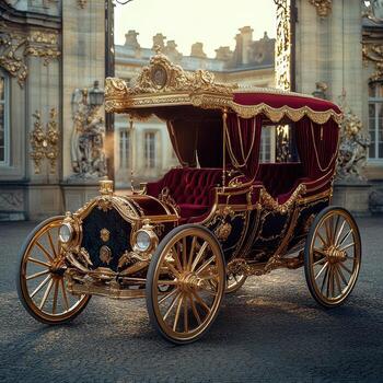 An old fashioned gold carriage is parked in front of a palace photo