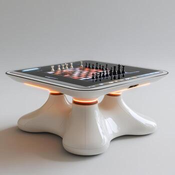 A table with a chess board on top photo