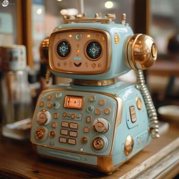 A blue and gold robot sitting on a table photo