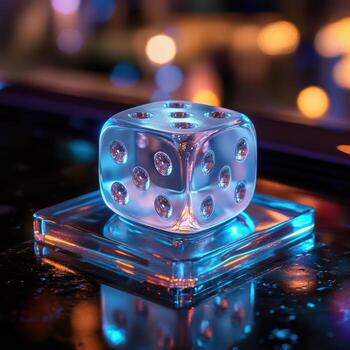 A dice on a glass table with lights behind it photo