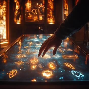 A person touching a table with glowing lights photo