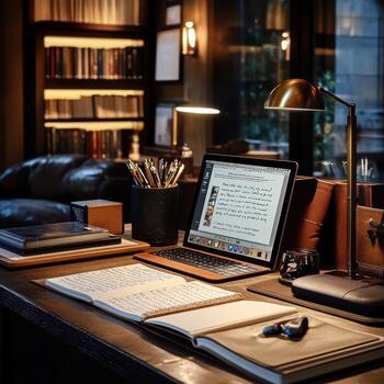 A laptop sits on a desk in front of a bookcase photo