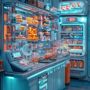 Modern vending machine in neon-lit convenience store with snacks photo