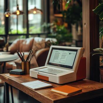 A laptop computer sitting on a table with a pen and paper photo