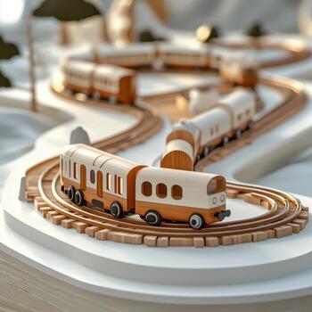 Miniature Wooden Train Set on Curved Tracks with White Background photo