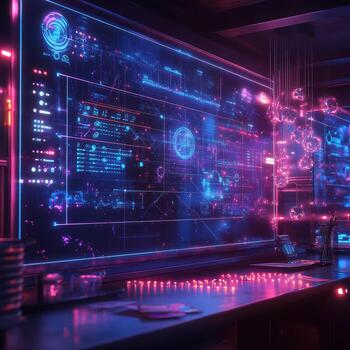 A computer screen with neon lights and a computer photo