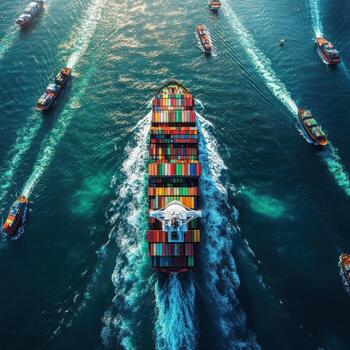 Container Ship Navigating Busy Shipping Lane with Colorful Cargo photo