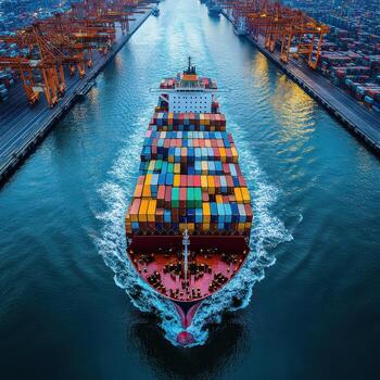 Container Ship Navigating Busy Port Waterway with Cargo Ships photo