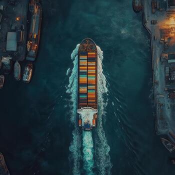 Aerial View of Container Ship Navigating Through Busy Port Waterways photo